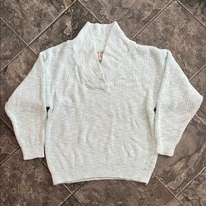 SPORTELLE Vintage Light Turquoise & White Cozy Shawl Collar Knit Cottage Sweater